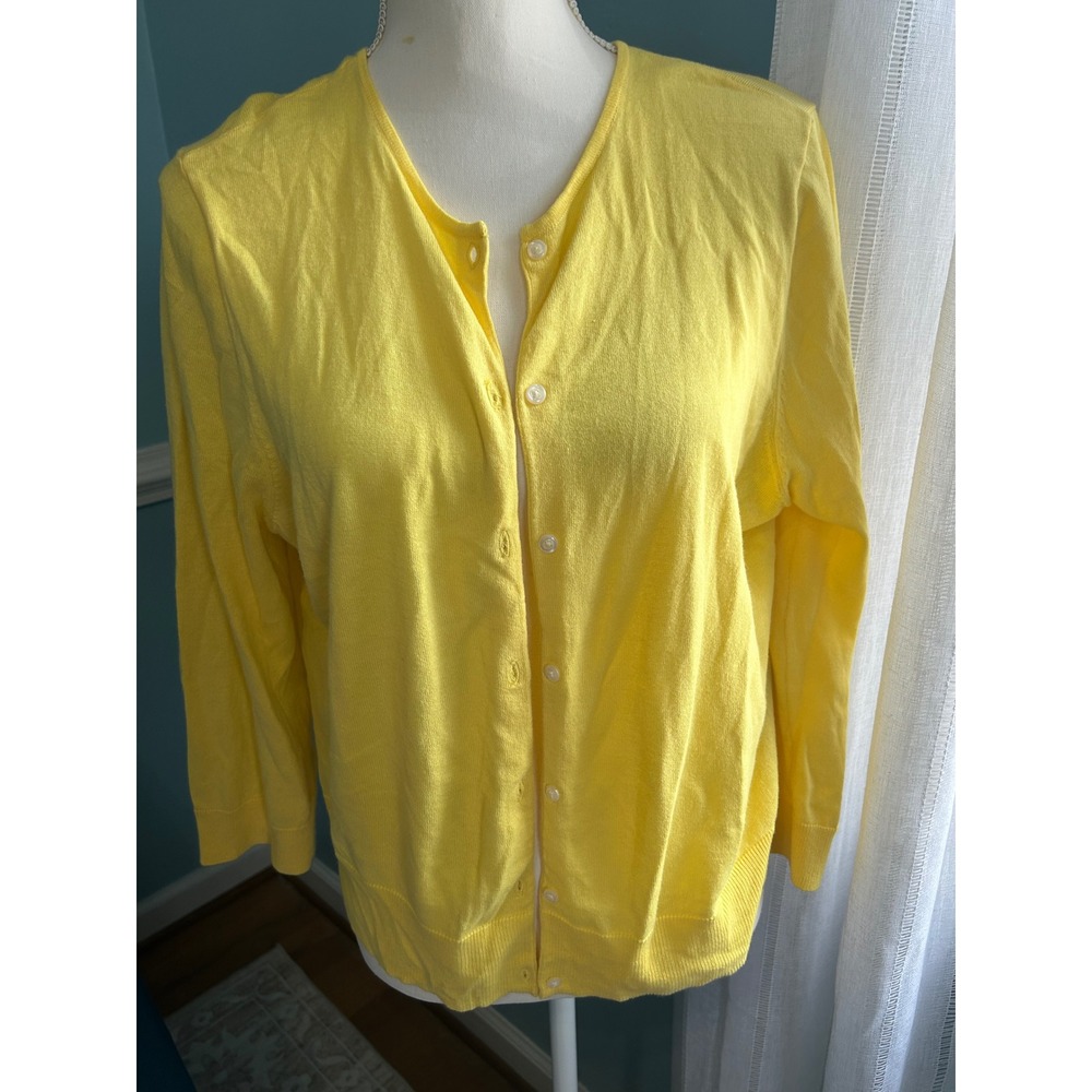 Chaps Womens XL Yellow 100% Cotton 3/4 Sleeve Button Front Cardigan Sweater